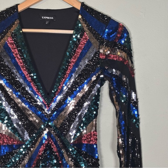 Express Long Sleeve Sequin Chevron Pattern Mini Dress-Multicolor-Women XS - Picture 3 of 9